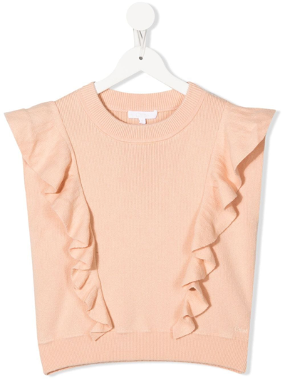 Chloé Kids Pink Knitted Gilet With Ruffles In Beige