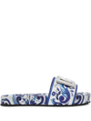 Dolce & Gabbana Calfskin Beachwear Sliders In Majolica-design Rubberized Calfskin In Blue