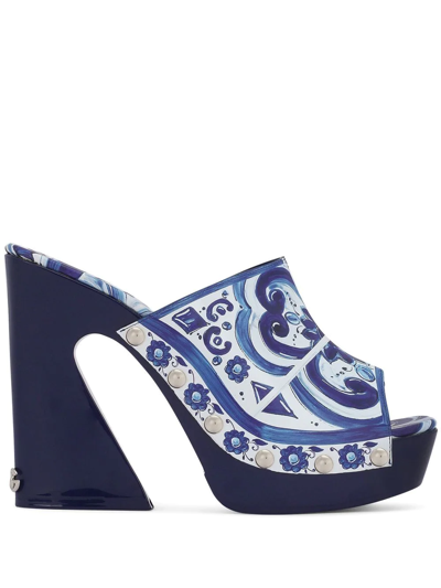 Dolce & Gabbana Majolica-print Polished Calfskin Clogs In Blue