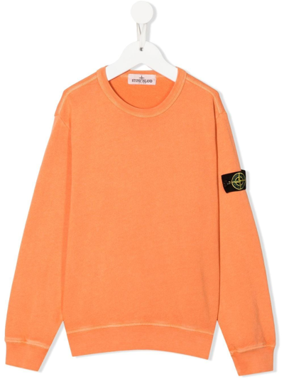 Stone Island Junior Logo-patch Crew Neck Sweater In Orange