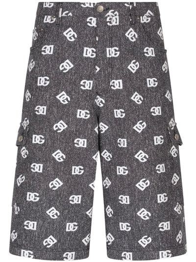 Dolce & Gabbana Logo-print Denim Cargo Shorts In Grey