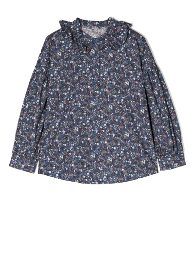 Il Gufo Kids' Floral-print Ruffle-collar Shirt In Light Blue