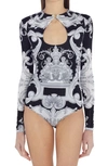 Versace Silver Baroque Keyhole-front Fitted Jersey Top In Black White