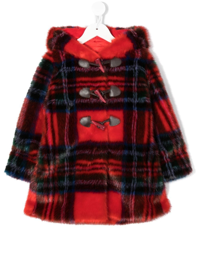 Monnalisa Kids' Tartan Print Faux Fur Duffle Coat In Ruby Red