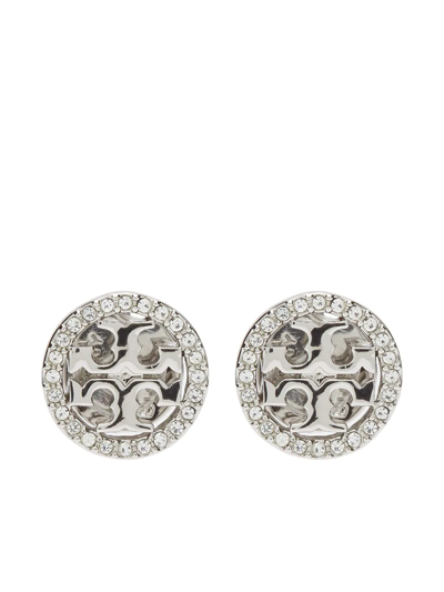 Tory Burch Miller Logoed Earrings In Tory Silver/crystal