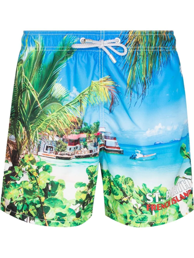 Mc2 Saint Barth Blue Caribbean Island Print Recycled Shell Swim Shorts