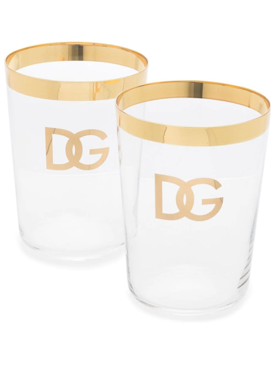 Dolce & Gabbana Logo-print Set Of Two Drinking Glasses In Neutrals