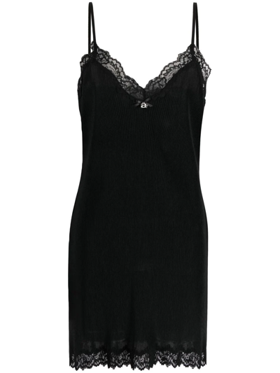 Alexander Wang Crystal Logo Charm Lace Trim Silk Charmeuse Slipdress In Black