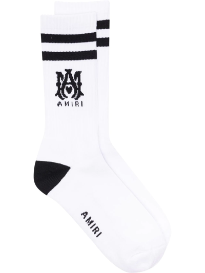 Amiri Logo-intarsia Ribbed Stretch Cotton-blend Socks In White