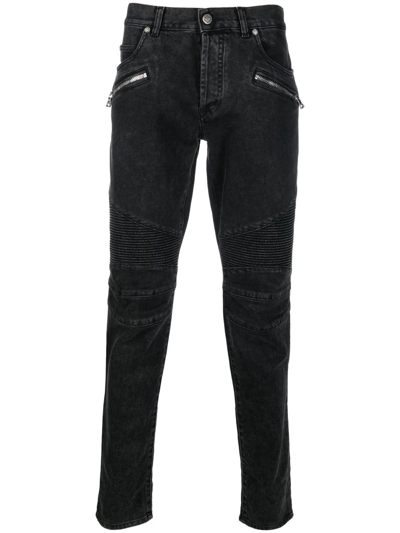 Balmain Slim Cut Ribbed Faded Cotton Jeans In Black