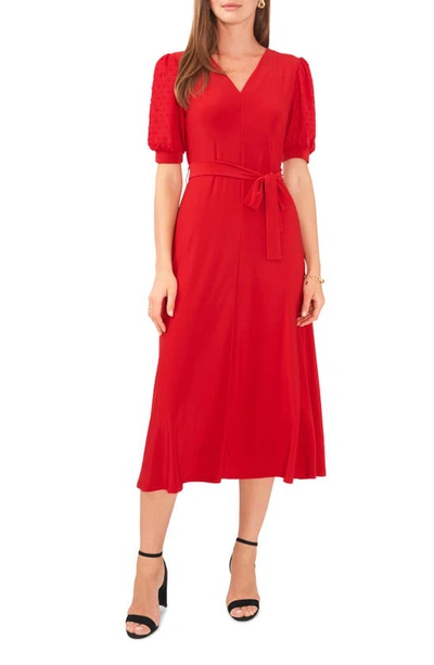 Chaus Clip Dot Puff Sleeve Tie Front Midi Dress In Cece Red