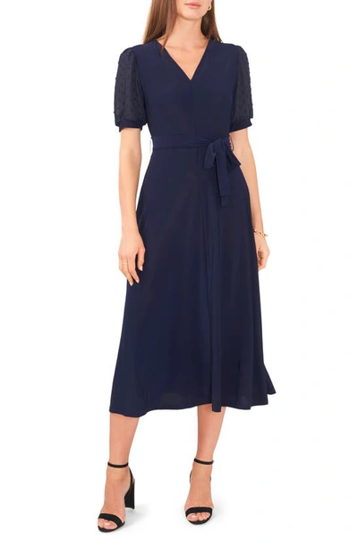 Chaus Clip Dot Puff Sleeve Tie Front Midi Dress In Jbs Navy