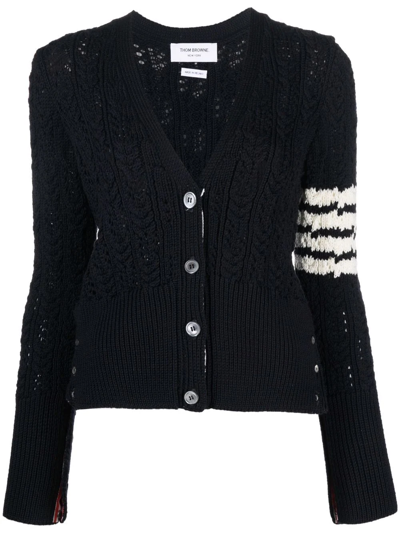 Thom Browne Four-bar Stripe Open-knit Cardigan In Grey