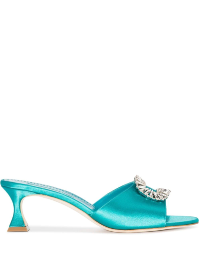 Manolo Blahnik Laalita Silk Crystal Mule Sandals In Blue