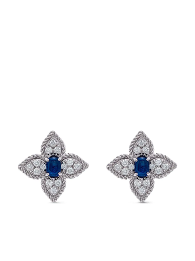 Roberto Coin 18kt White Gold Princess Flower Diamond And Sapphire Stud Earrings In Silver