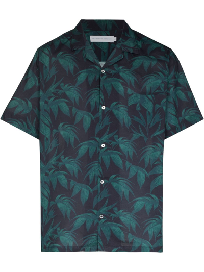 Desmond & Dempsey Navy Byron Tropical Print Cotton Pyjama Shirt In Green