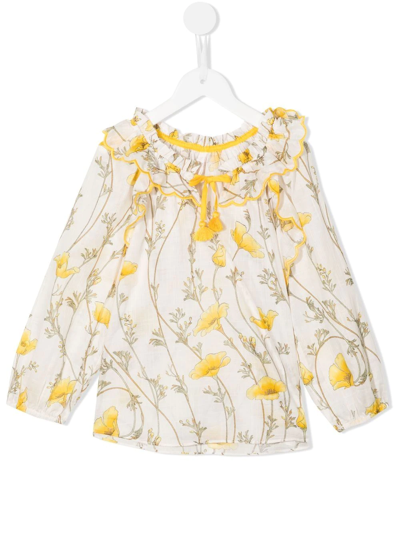 Zimmermann Kids' Floral-print Tassel Cotton Dress In Yellow