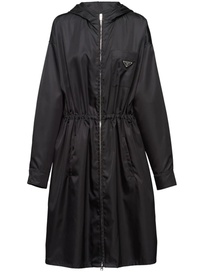 Prada Re-nylon Drawstring Hooded Coat In Nero