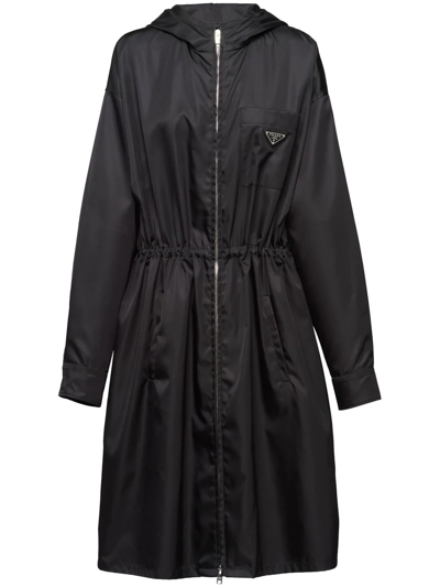 Prada Re-nylon Drawstring Hooded Coat In Black