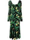 Ganni Palm Print Long Sleeve Gathered Jersey Dress In Green