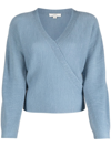 Vince Ribbed Cross Front Pullover In Blue