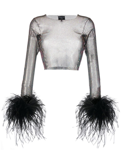 Santa Rhinestone-embellished Feather Crop Top In Black