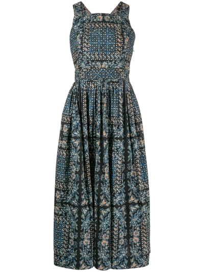 Ulla Johnson Kerani Printed High Square-neck Pleated Midi Dress In Blue