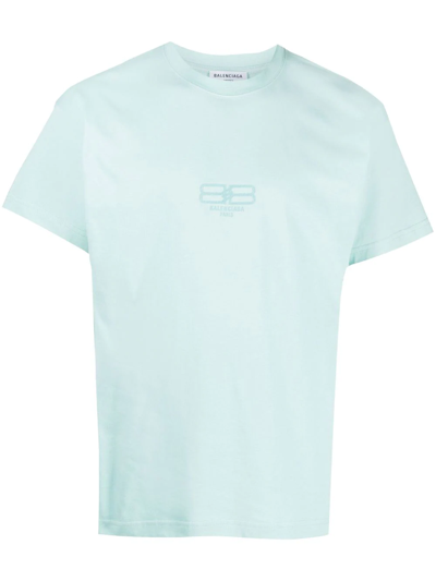 Balenciaga Logo-embroidered Cotton T-shirt In Blue
