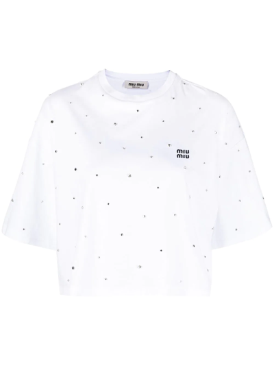 ★MiuMiu★ Embroidered Crop Cotton T-Shirt White Crystal MJN Buy Miu Miu White Crystal Embroidered Crop T-shirt in Cotton