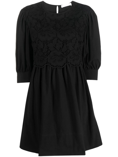 See By Chloé Lace Embroidered Shift Dress In Nero