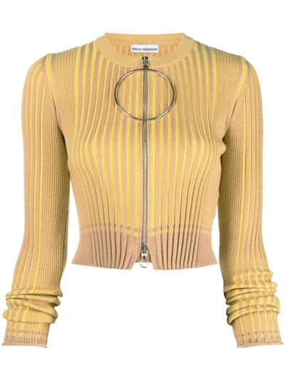 Paco Rabanne Bicolored Ribbed Knitted Cropped Cardigan In Yellow
