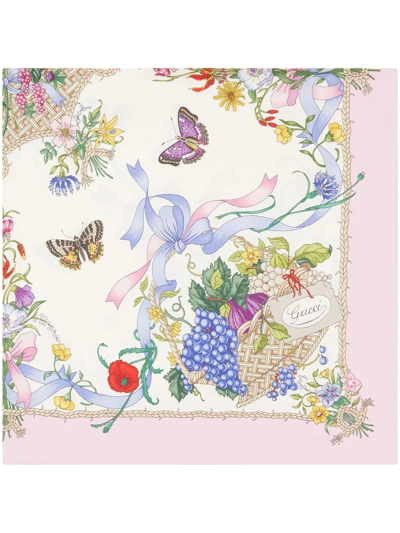 Gucci Floral Fruit Basket Print Silk Scarf In White
