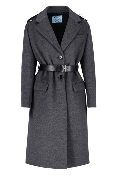 Prada Single-breasted Belted Cashmere Coat In Slate Gray