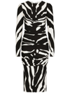 Dolce & Gabbana Zebra-print Ruched Cady Midi Dress In Black