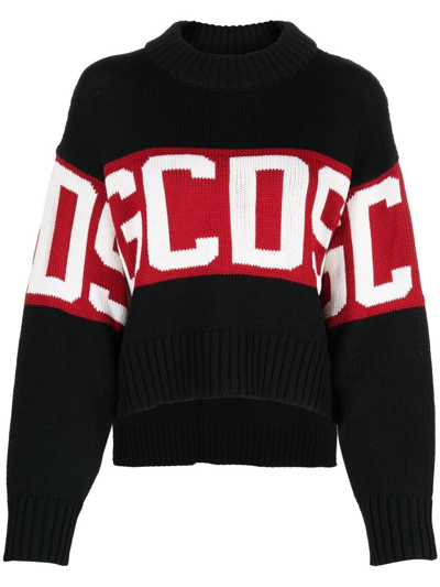 Gcds Band Logo Boxy Wool Blend Sweater In Black