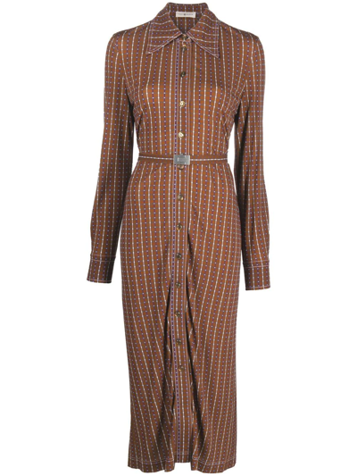 Tory Burch Dotted Windowpane Knit Button-down Dress In Brown