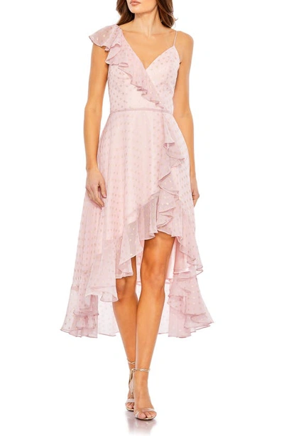 Ieena For Mac Duggal Metallic Polka Dot Ruffle Midi Dress In Blush Gold