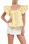 English Factory Floral Embroidered Scallop Trim Cotton Top In Yellow