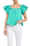 English Factory Floral Embroidered Scallop Trim Cotton Top In Emerald