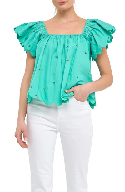 English Factory Floral Embroidered Scallop Trim Cotton Top In Emerald
