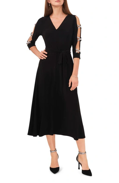 Chaus Rhinestone Sleeve Fit & Flare Midi Dress In Black