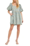 Free The Roses Scallop Trim Floral Cotton Minidress In Blue Multi