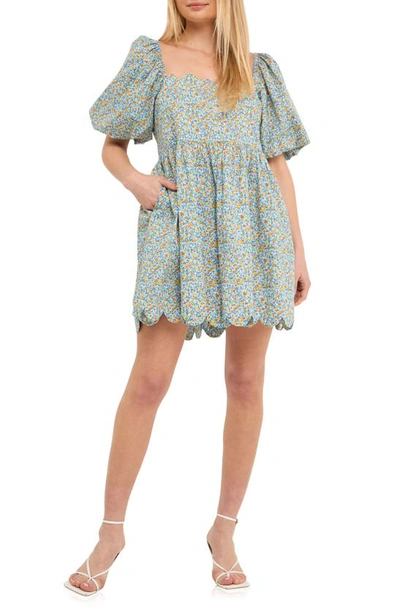 Free The Roses Scallop Trim Floral Cotton Minidress In Blue Multi