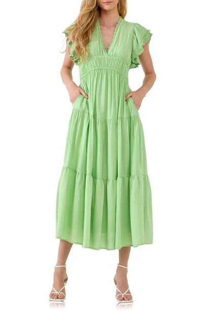 Free The Roses Tiered Flutter Sleeve Midi Dress In Green