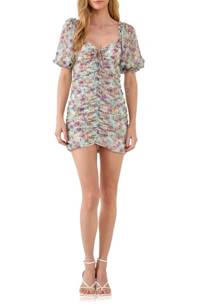 Endless Rose Floral Ruched Puff Sleeve Minidress In Purple Multi