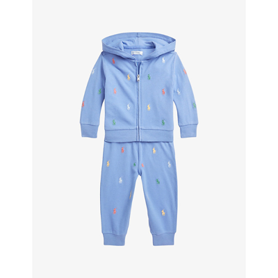 Ralph Lauren Babies' Polo Pony Logo-embroidered Cotton-blend Hoody And Trouser Set 3-24 Months In Blue