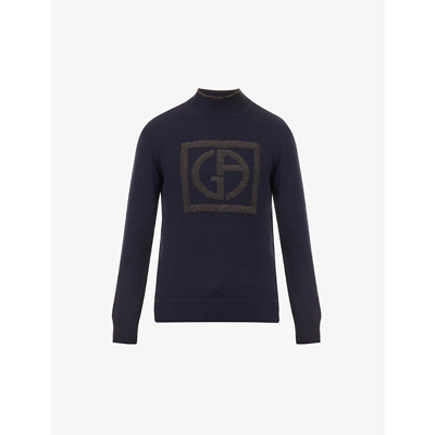 Giorgio Armani Raised-logo Relaxed-fit Wool-blend Turtleneck Jumper In Blue