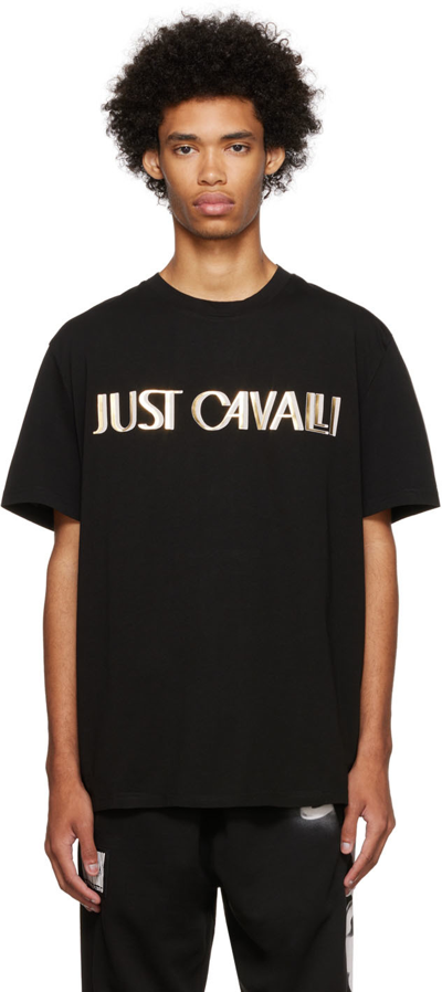 Just Cavalli Metallic Logo Crewneck T-shirt In Black