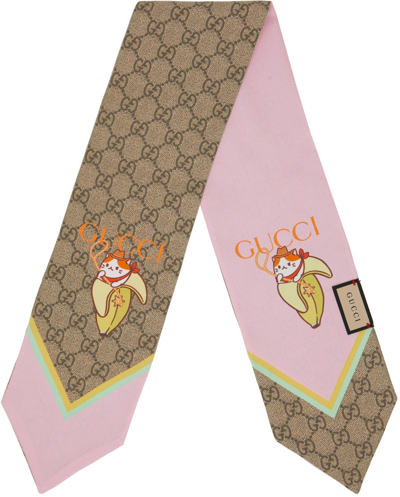 Gucci And Bananya Print Silk Neck Bow In Pink,multi
