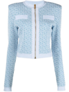 Balmain Blue Monogram-pattern Cropped Jacket In Blue